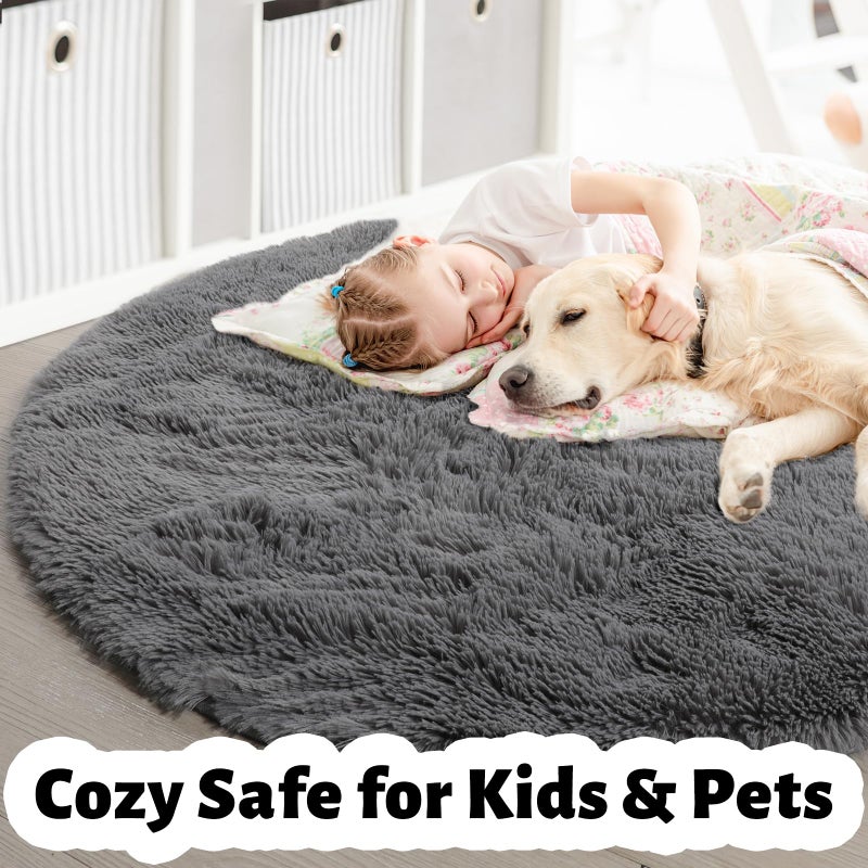 Amdrebio Grey Round Rugs 5Ft for Living Room Bedroom Aesthetic, Fluffy Fuzzy Shag Shaggy Circle Area Rug for Kids Room Decor, Furry Soft Plush Indoor Floor Gray Carpet for Baby Nursery Preppy Dorm Home Office - Image 2